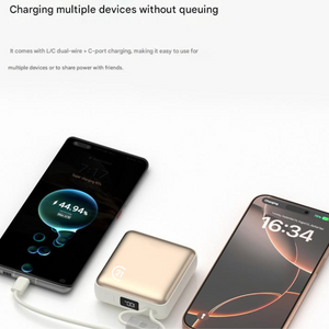 Mini Gold Power Bank 10,000mAh with Built-in Cable – Fast Charging, Ultra Slim - NEW