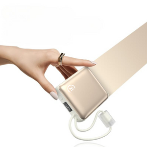 Mini Gold Power Bank 10,000mAh with Built-in Cable – Fast Charging, Ultra Slim - NEW