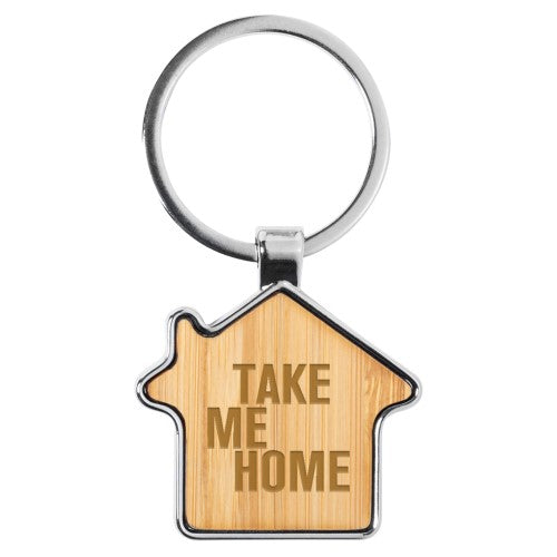 Bamboo & Metal House Keychain - Personalized