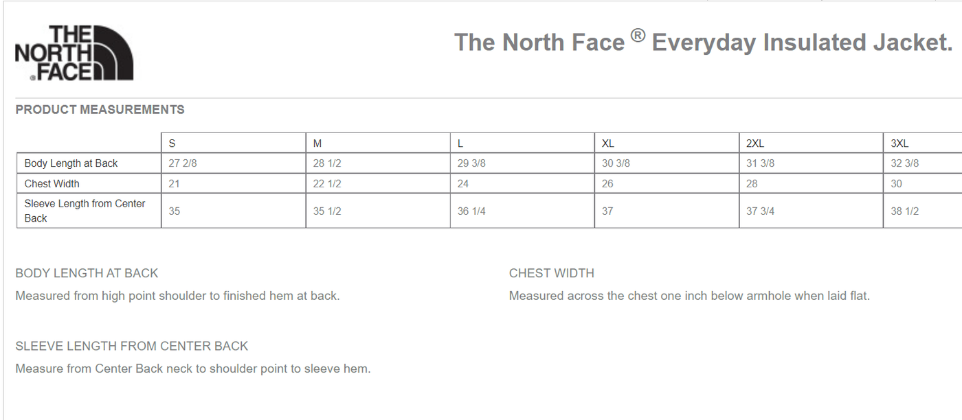 North face jacket size chart clearance